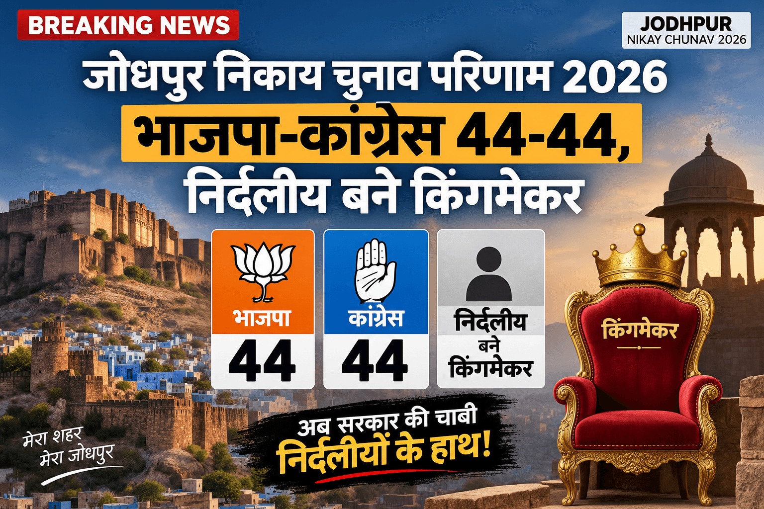 Jodhpur Nikay Chunav Result 2026 — भाजपा-कांग्रेस 44-44, निर्दलीय बने किंगमेकर
